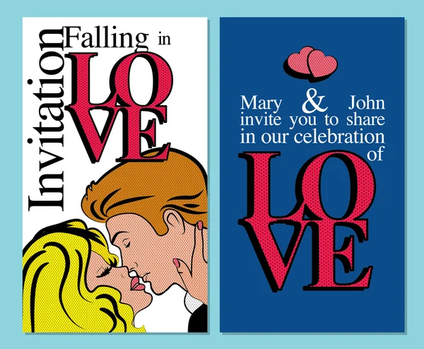 "Enamorarse ". Pop Art boda tarjeta de dibujos animados — Vector de stock