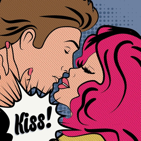 Pop Art besos pareja en el amor . — Vector de stock