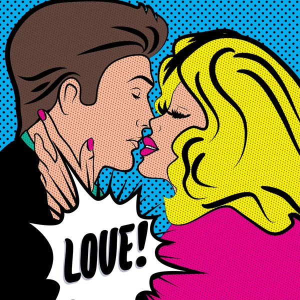 Pop Art besos pareja en el amor . — Vector de stock