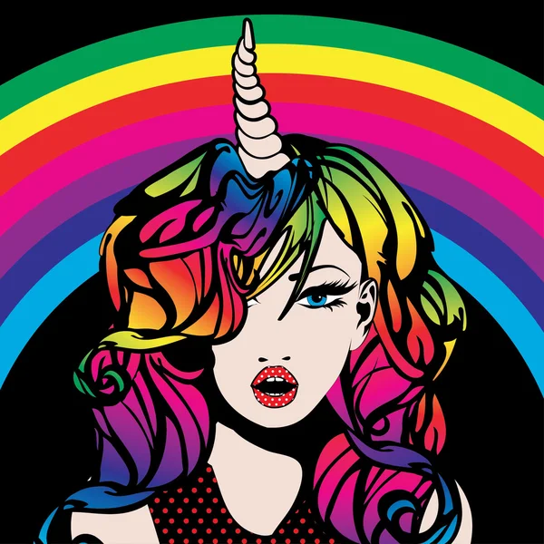 Arte pop arco iris unicornio mujer . — Vector de stock
