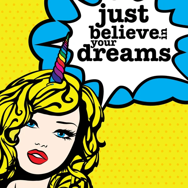 Egyszarvú nő "csak hinni az álmaidban" — Stock Vector