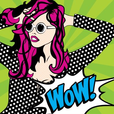 Pop art kadın Wow! işareti.