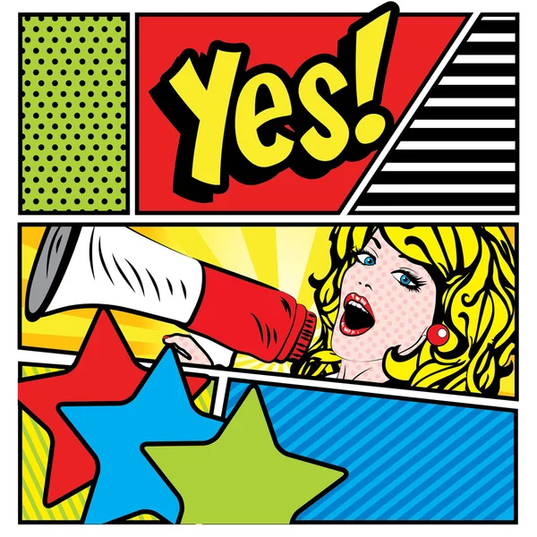 Pop Art Woman with Megaphone. "Yes!" — Stock Vector