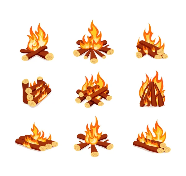 Set of campfires isolated on white background. Bright bonfires in cartoon style. — Stock Vector