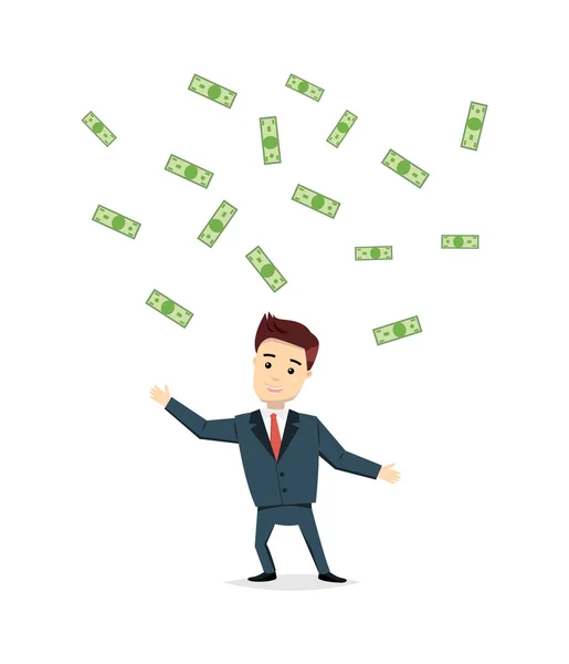 Karikatura člověka honí peníze - vektorové ilustrace. Spokojený podnikatel peníze stát v dešti. Úspěch, koncepce podnikání v plochý. — Stockový vektor