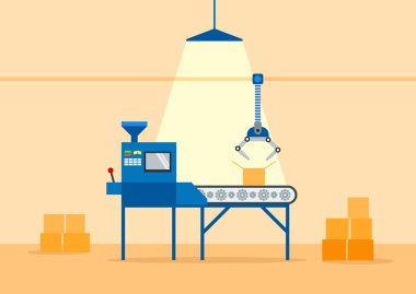 Konveyör makine fabrikası - düz vektör çizim. Üretim ve paketleme fabrikası tarafından Konveyör bant üzerinde. Üretim kavramı.