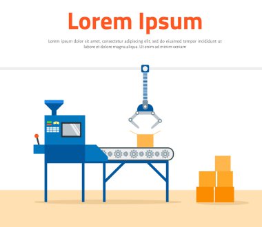 Konveyör makine fabrikası - düz vektör çizim. Üretim ve paketleme ve fabrika tarafından Konveyör bant.