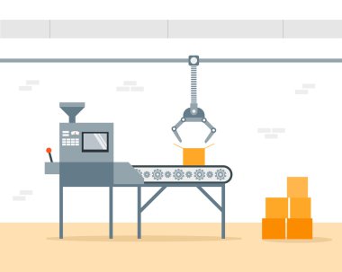 Konveyör makine fabrikası - düz vektör çizim. Üretim ve paketleme fabrikası tarafından Konveyör bant üzerinde. Üretim kavramı.