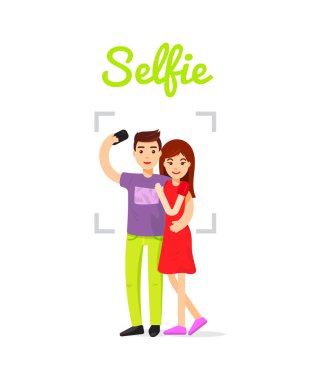 Adam onun bir telefon ver ve yapar fotoğraf kız arkadaşı ile holding. Güzel çift mutlu birlikte selfie, vektör çizim yapmak.