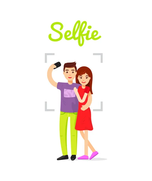Guy držení telefonu v jeho rukou a dělá fotografie s přítelkyní. Nádherný pár šťastný společně se selfie, vektorové ilustrace. — Stockový vektor