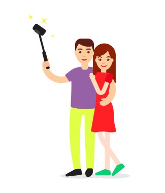 Adam onun bir telefon ver ve yapar fotoğraf kız arkadaşı ile holding. Güzel çift mutlu birlikte selfie, vektör çizim yapmak.