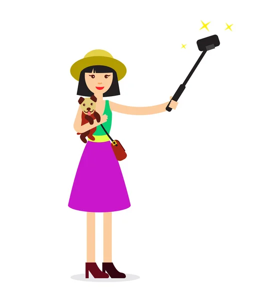 Hermosa chica hace selfie con perro lindo - ilustración vectorial plana. Concepto de fotosesión divertido . — Vector de stock