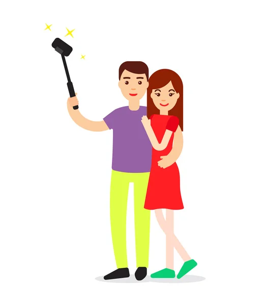 Un tizio che tiene un telefono in mano e fa foto con la ragazza. Bella coppia felice insieme fanno selfie, illustrazione vettoriale . — Vettoriale Stock