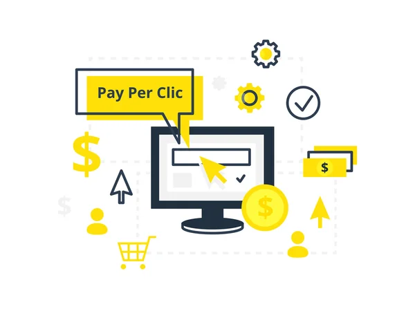 Internet pazarlama, reklam kavramı çizgi ve düz stil. PPC ödeme tıklama başına - vektör çizim.