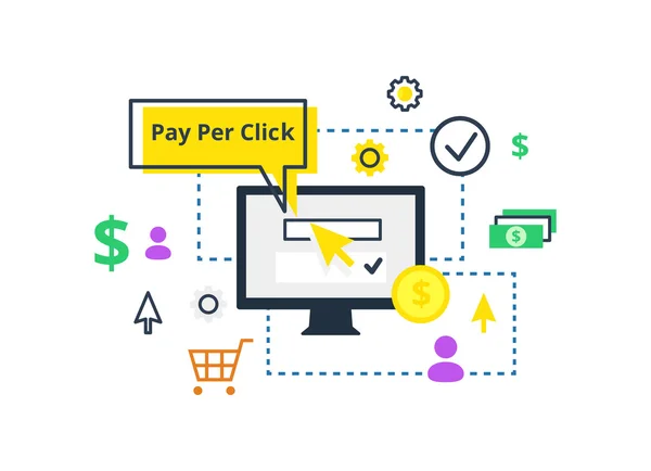 Pay-per-klik - internet marketing, reclame concept in lijn en vlakke stijl. PPC vectorillustratie. — Stockvector