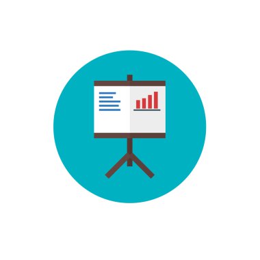 Rapor işaret piktogram ekran. Flip Chart Icon - vektör çizim. Mavi arka plan - yuvarlak renkli simge düz tarzı flip Chart sembolü. Grafik Web sitesi, mobil uygulamalar, web sayfası düzeni tasarımı için.