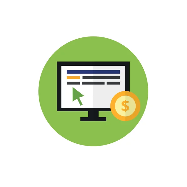 PPC - pay per click plochý vektorové ikony. Internrt reklamní koncept. Myš na monitoru a mince. Webová grafika, mobilní aplikace, návrh rozložení webové stránky. — Stockový vektor