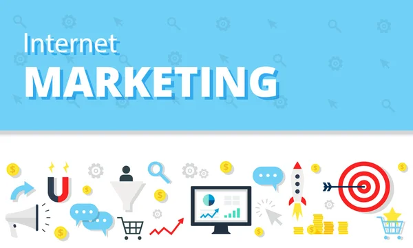 Internet pazarlama, reklam kavramı düz tarzı. Modern Web sitesi infographics illüstrasyon görüntü web afiş.