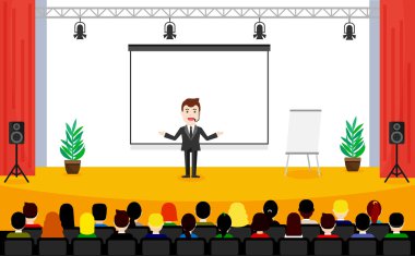 Kamu konuşma kavramı. İş eğitim vektör çizim oturan insanlar. Sahne üzerinde takım elbiseli adam.