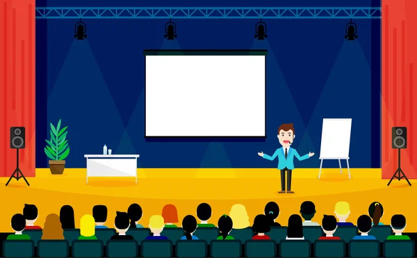 Persone sedute alla conferenza in stile piatto. Concetto di parlare in pubblico. Business Training illustrazione vettoriale. Altoparlante in tuta e con microfono in piedi vicino flipchart . — Vettoriale Stock