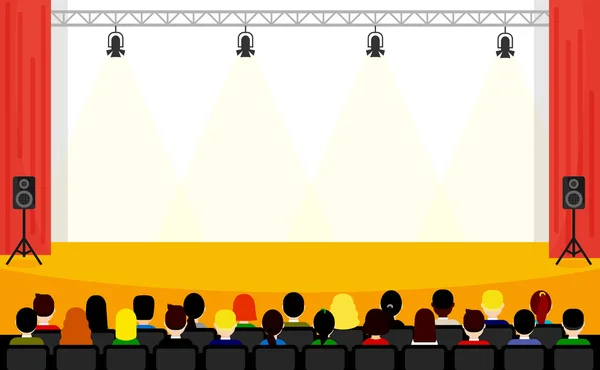 Personer som sitter på konferensen i platt stil. Scen mall vektor illustration. — Stock vektor