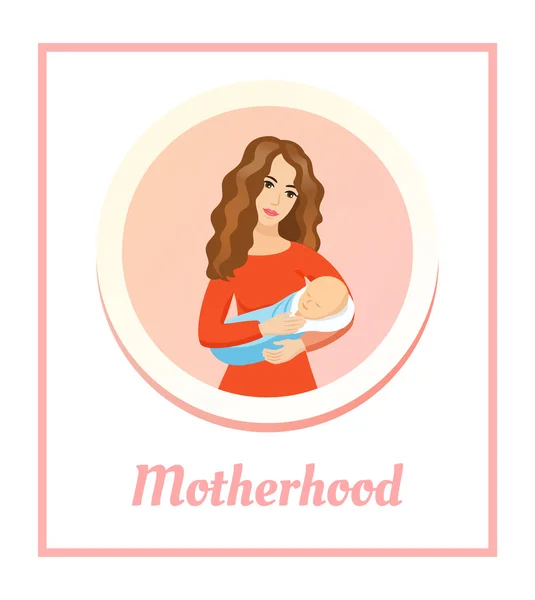 Junge schöne Mutter mit schlafendem Baby. Liebe und Glück Konzept. Mutterschaft - Vektorkarte. — Stockvektor