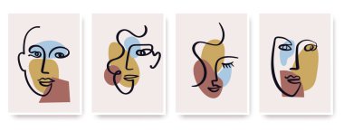 Renkli şekillerde çağdaş soyut yüzler tek satır sanat tarzında.