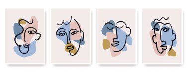 Renkli şekillerde çağdaş soyut yüzler tek satır sanat tarzında.