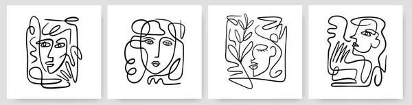 Contemporary abstract faces in one line art style on colorful shapes. — Stock Vector