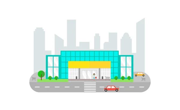 Paisaje urbano con edificio de supermercado - ilustración plana vectorial . — Foto de Stock