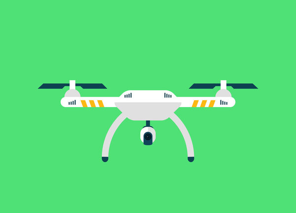 Remote aerial drone with a camera taking photography or video recording . Vector art on isolated background. Flat design.