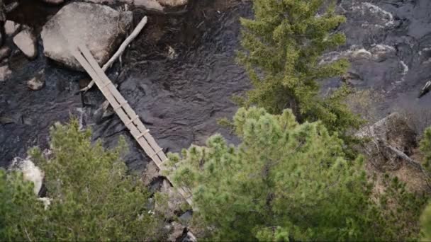 Подорож з канати для скелелазіння рухається в дощ на мосту через гірській річці Сибірський. — стокове відео