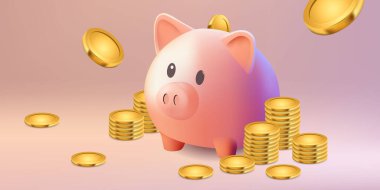 Akıllı telefon, domuz kumbarası, hesap makinesi ve altın sikkelerin yer aldığı dijital finans kavramı tasarruf ve bütçeyi vurguluyor. Arkaplanda dolar ve işlem makbuzları yer alıyor,