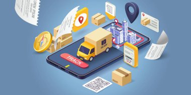 Mobil uygulama üzerinden çevrimiçi dağıtım hizmetinin bir yansıması. Çevrimiçi sipariş takip merkezi ve ofis teslimat servisi. Şehir lojistiği. Depo, kamyon, forklift, kurye, kurye, cep telefonu..