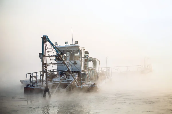 Dredge boat in the fog — Stock Photo, Image