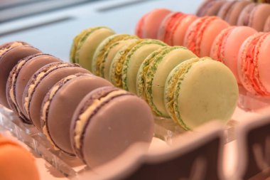 Canlı makaronlar sergileniyor, tatlı ya da pastane için mükemmel.