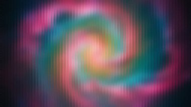 Soyut kıvrımlı pembe, deniz mavisi ve sarı ışık arka planda koyu dikey çizgiler oluşturur..