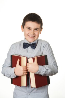 Portre çok mutlu bir genç adam, çocuk, çocuk, iki kırmızı kitap