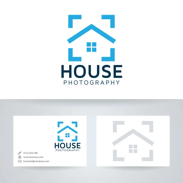 Logotipo de vetor de fotografia de casa com modelo de cartão de visita — Vetor de Stock