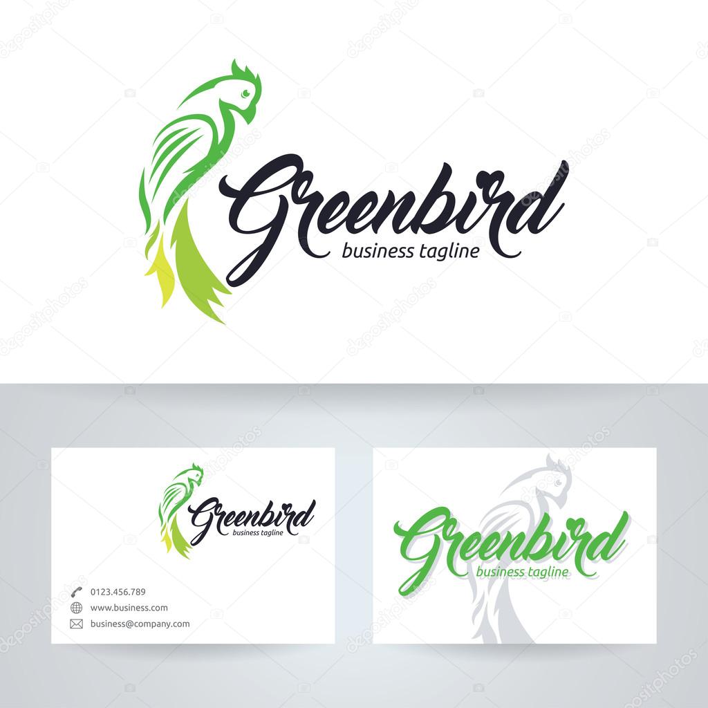 Green bird vector logo with business card template