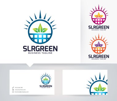 Güneş yeşil vektör logosu ile alternatif renkleri ve kartvizit şablonu