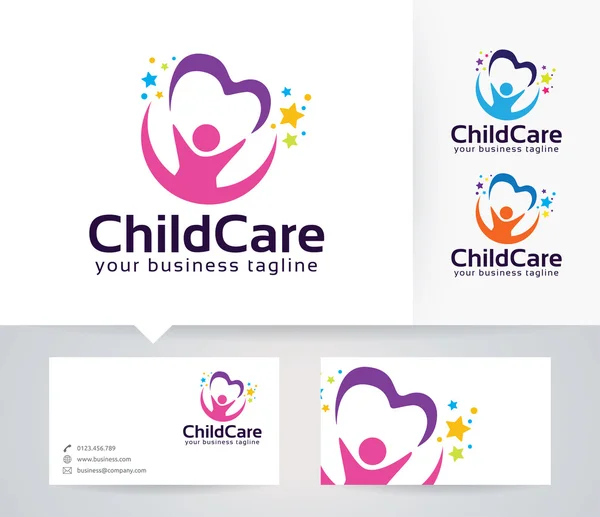 Logotipo del vector de cuidado infantil con colores alternativos y plantilla de tarjeta de visita — Archivo Imágenes Vectoriales