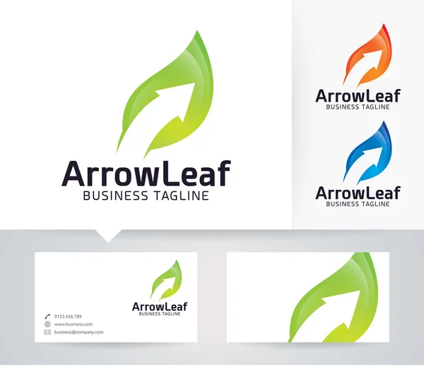 Arrow Leaf vector logo with alternative colors and business card template — Stock Vector