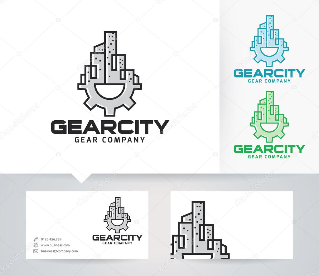 Gear City vector logo with alternative colors and business card template