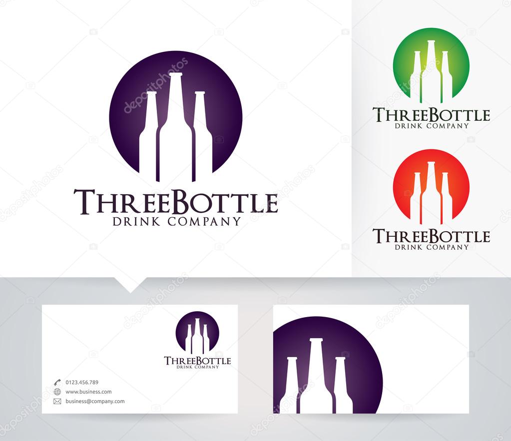 Three Bottle vector logo with alternative colors and business card template