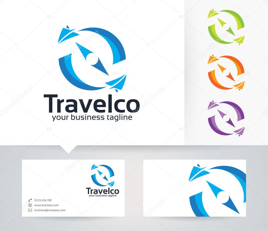 Travel Compass vector logo with alternative colors and business card template