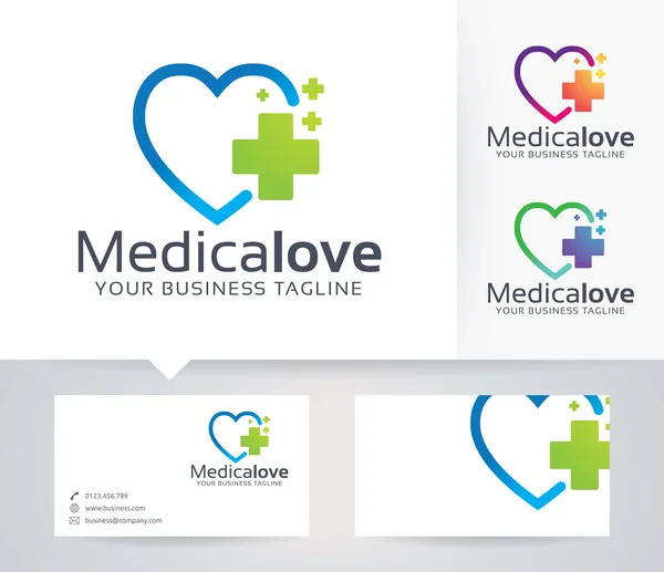 Logotipo de vetor de amor médico com cores alternativas e modelo de cartão de visita — Vetor de Stock