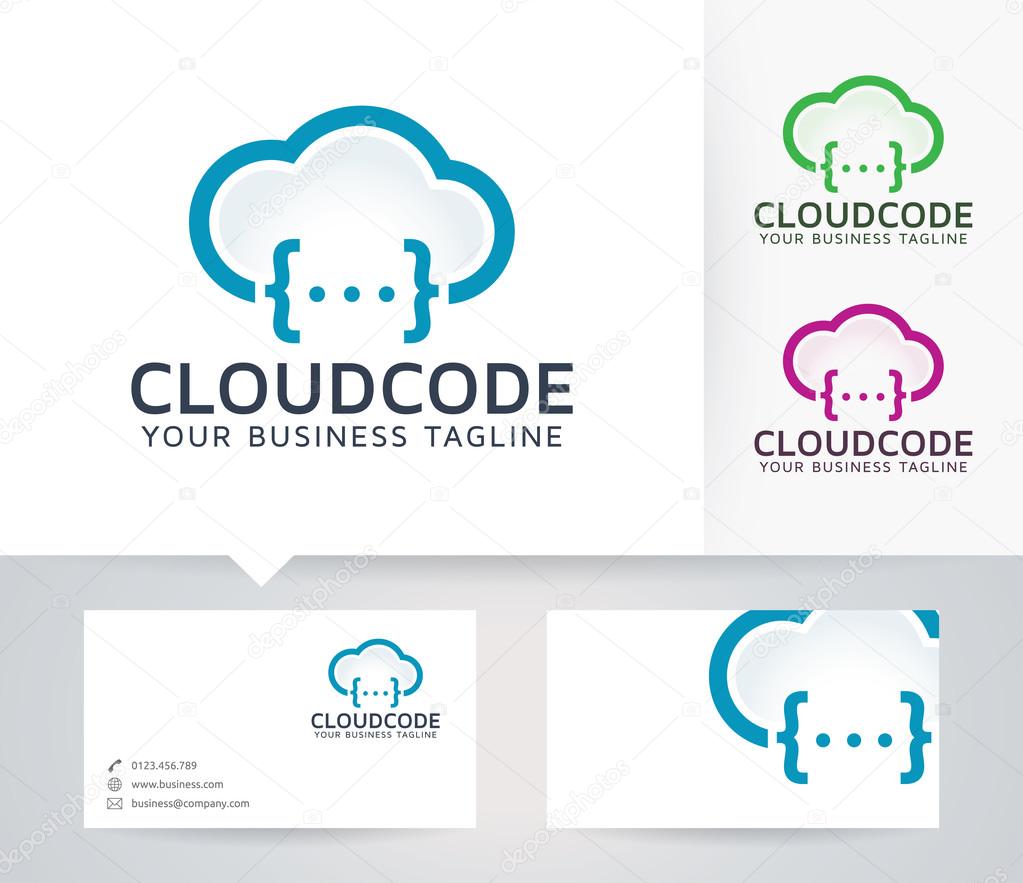 Cloud Code vector logo with alternative colors and business card template