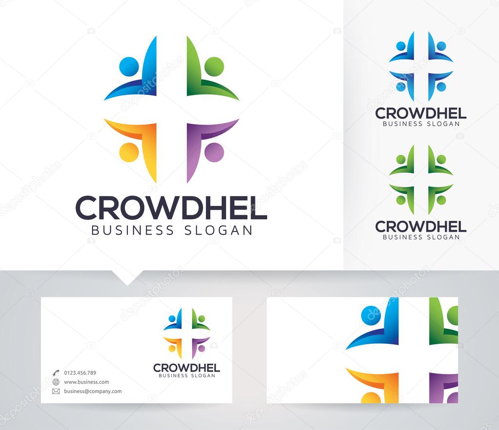 Crowd Health vector logo with alternative colors and business card template