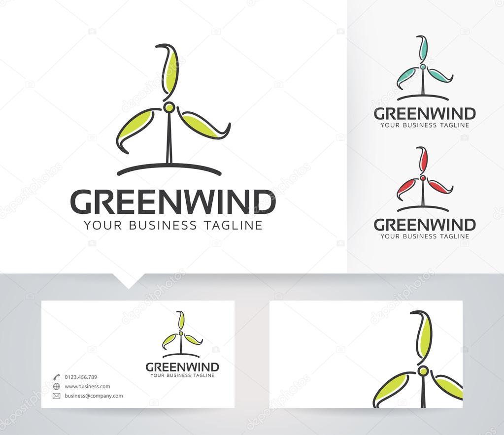 Green Wind vector logo with alternative colors and business card template